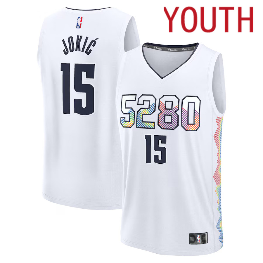 Youth Denver Nuggets 15 Nikola Jokic Fanatics White City Edition 2024-25 Fast Break Player NBA Jersey